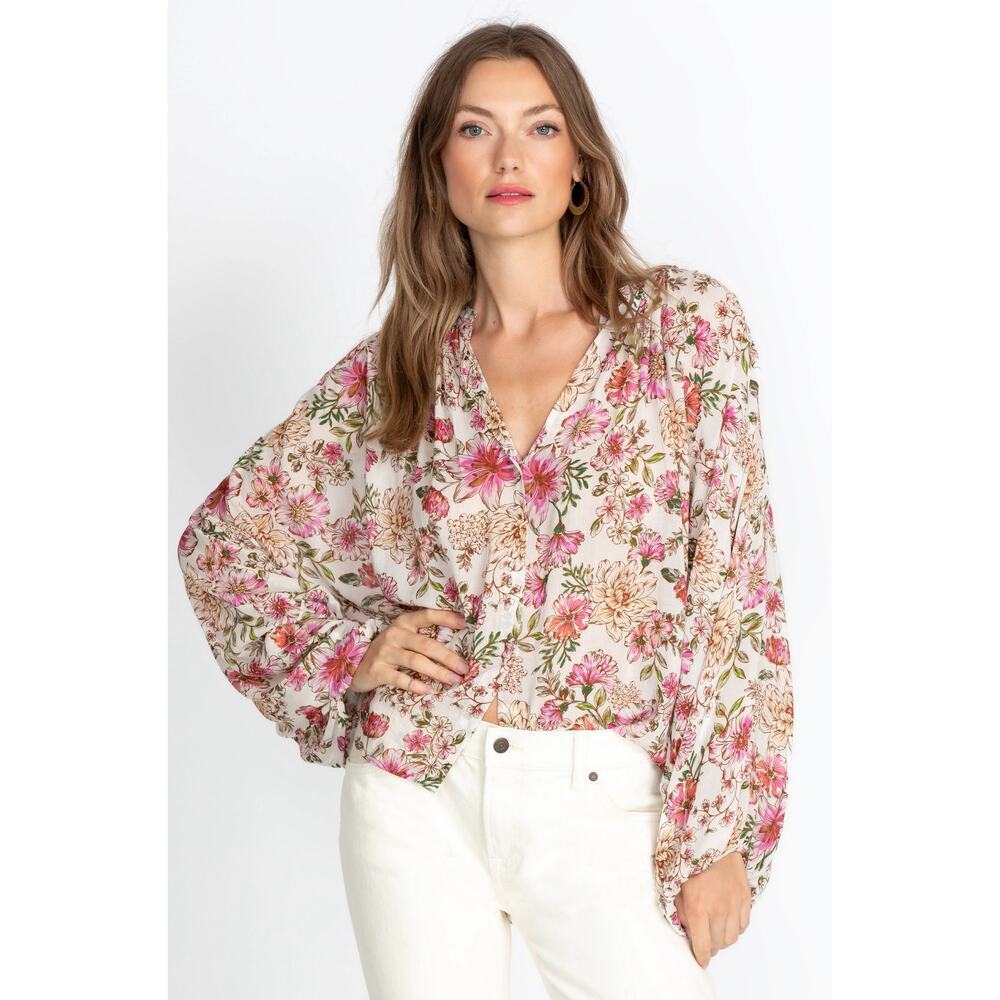 Johnny Wash Isla Floral Button Down Blouse Womens Sz XL Peasant Rose Rayon Boho